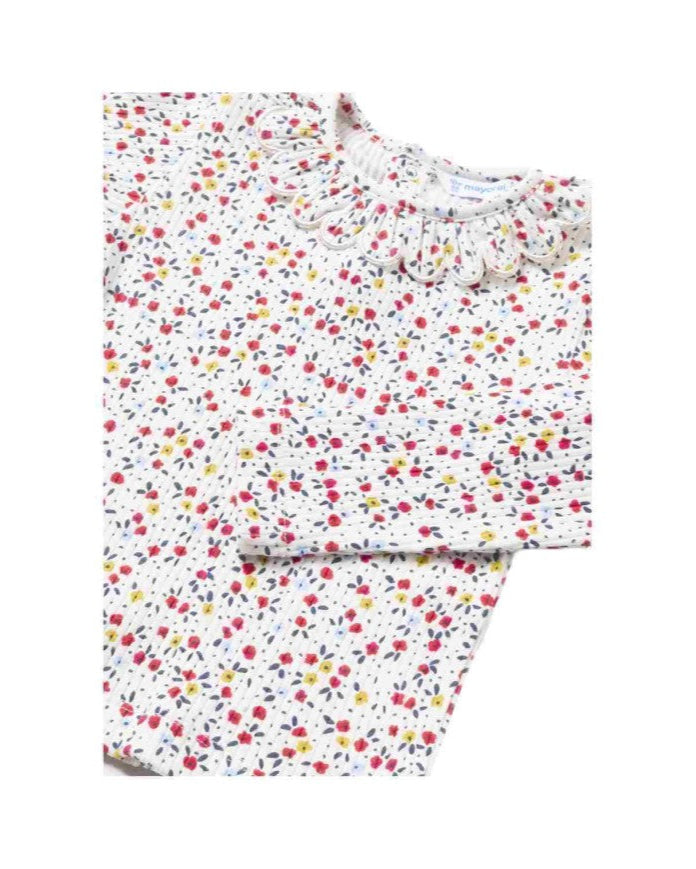 Conjunto 2 Piezas De Niña Camisa Manga Larga  Estampado Flores Pantalon Pana Rojo