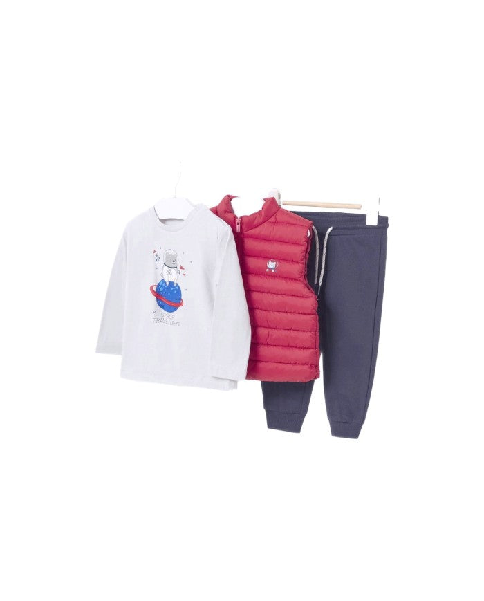 Conjunto de 3 Piezas: Chaleco Rojo, Camiseta Estampada y Pantalón Jogger
